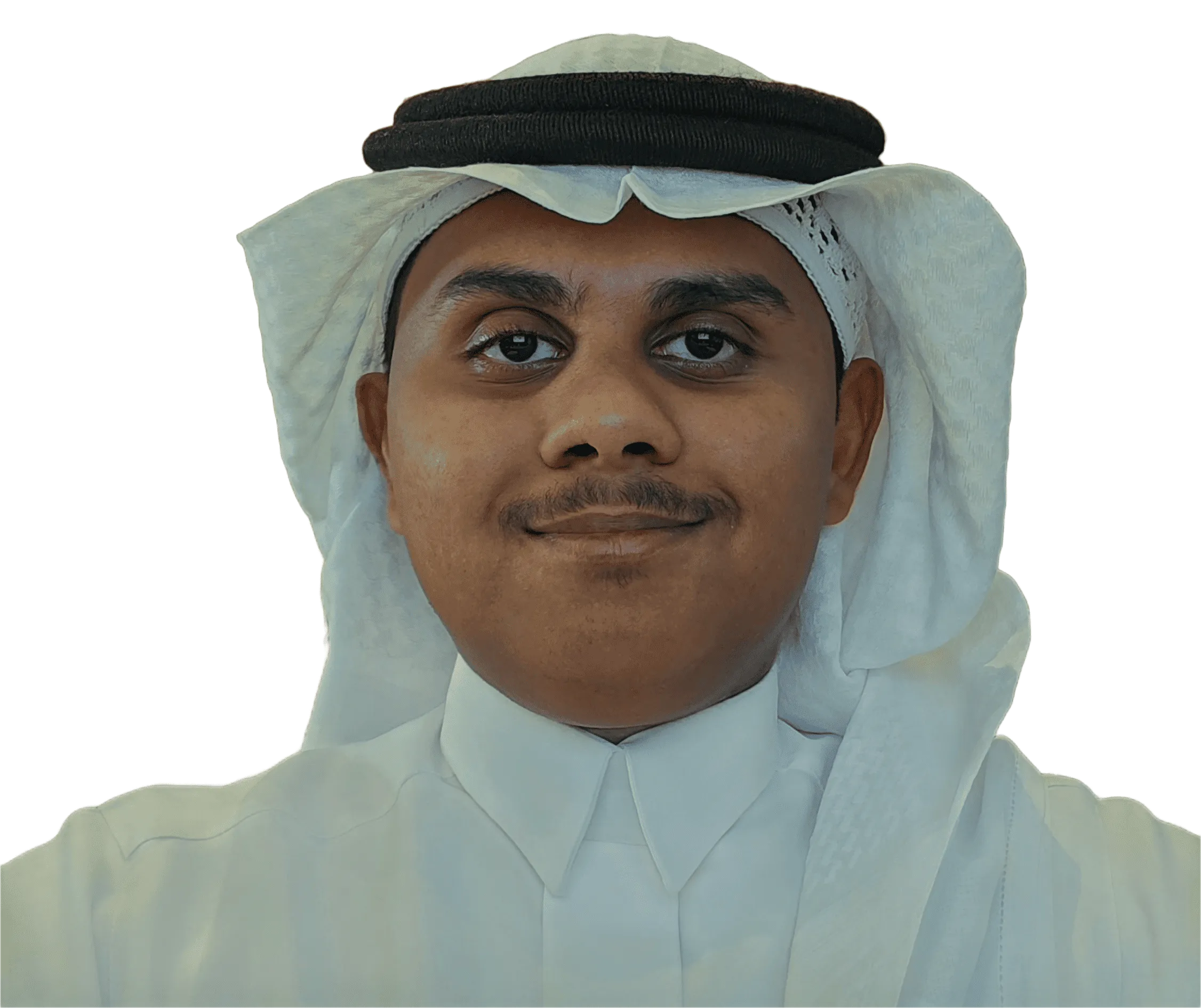 Portrait of Abdulaziz Alobaidan in a white thobe and shemagh